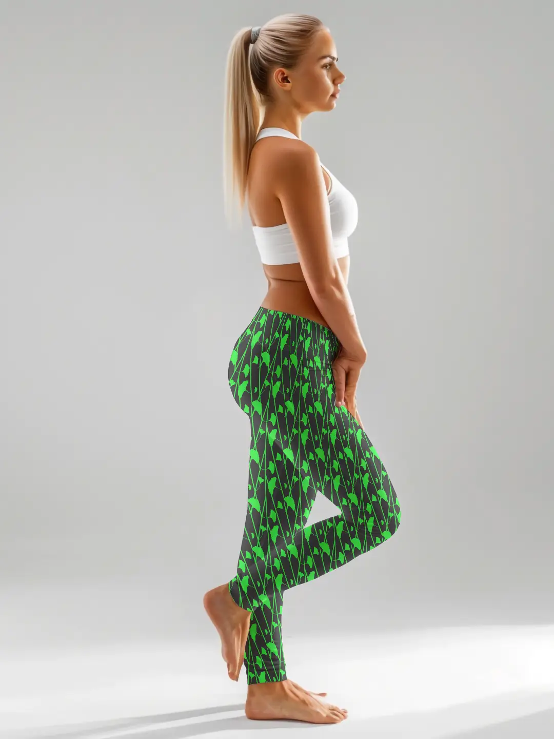 Black Green Floral Printed Women Leggings - Image 4