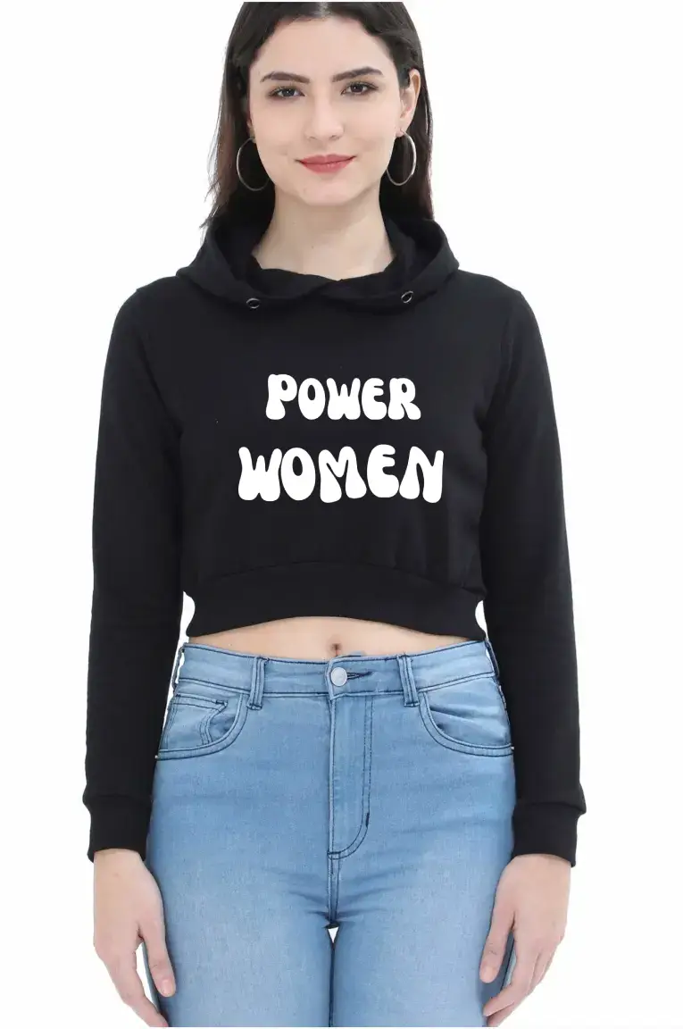Power women Puff Printed Women Black Crop Hoodie