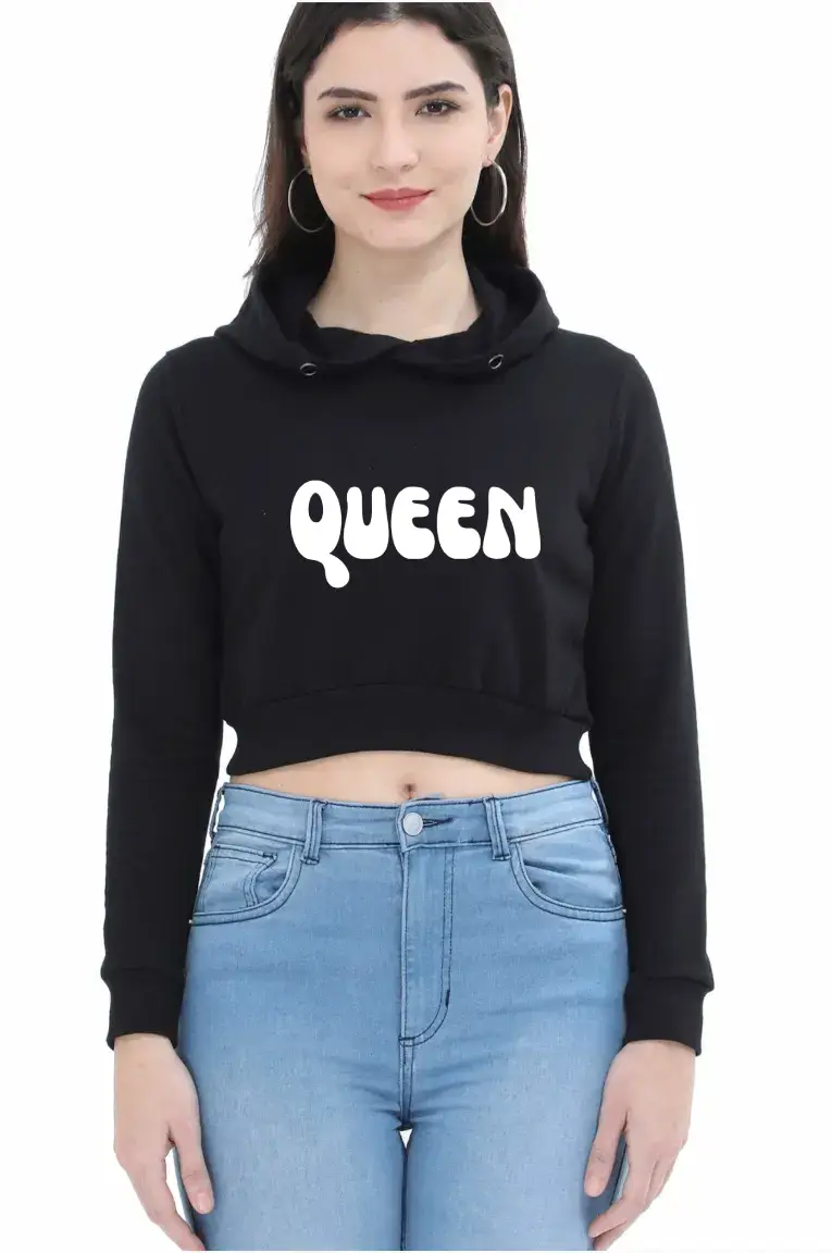 Queen Puff Printed Women Black Crop Hoodie