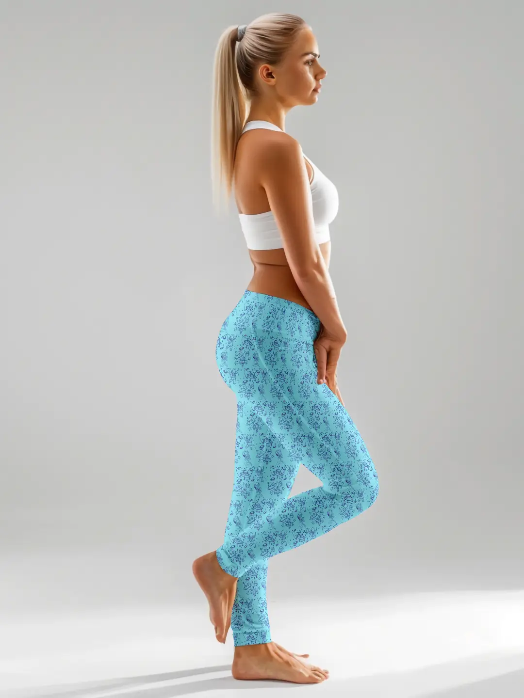 Space Doodle Print Sky Blue Women Leggings - Image 4