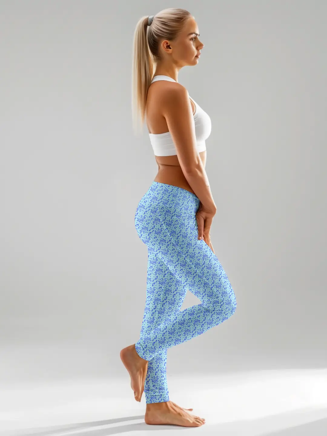 Space Ship , Planetary Prints Sky Blue Women Leggings - Image 4