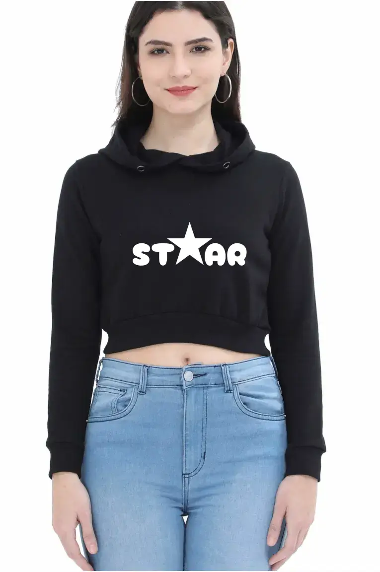 Star Puff Printed Women Black Crop Hoodie