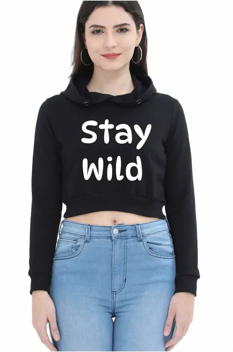 Stay wild Puff Printed Women Black Crop Hoodie