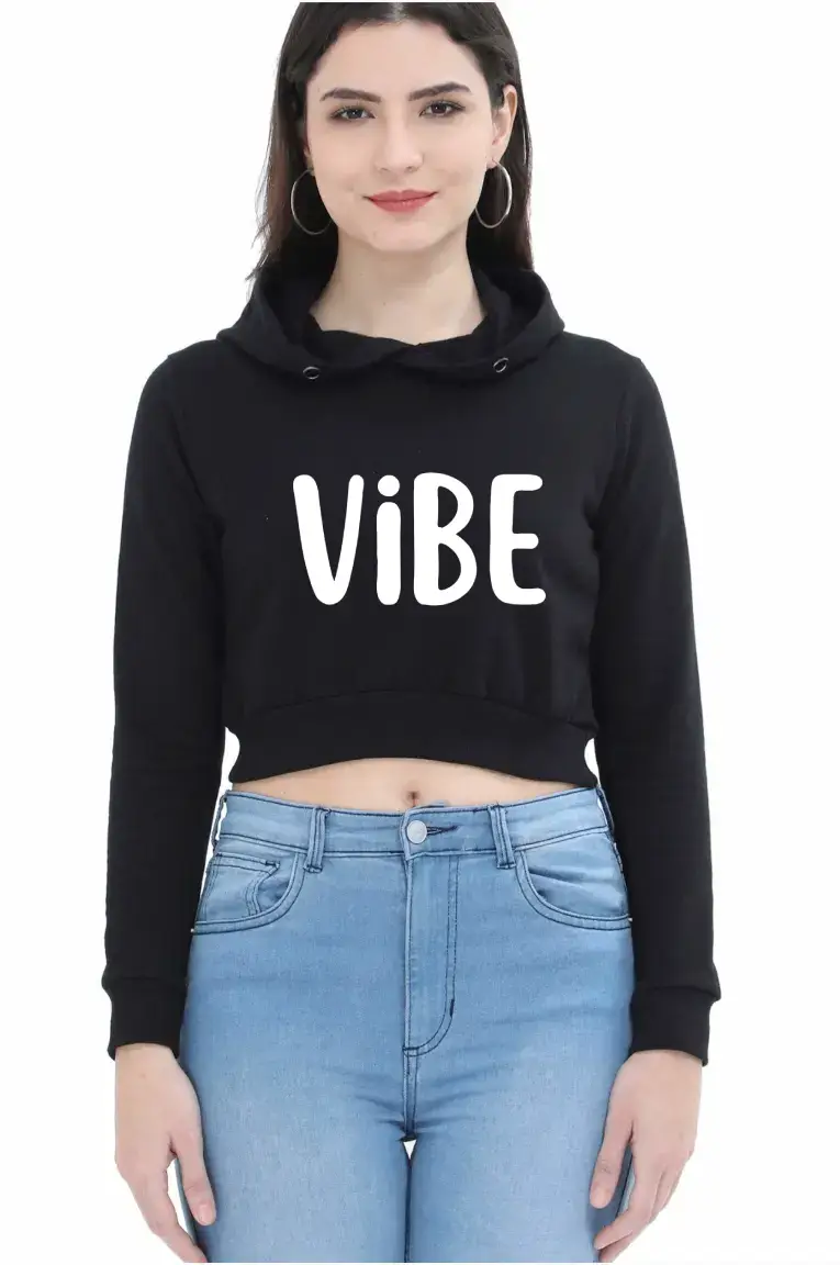Vibe Puff Printed Women Black Crop Hoodie