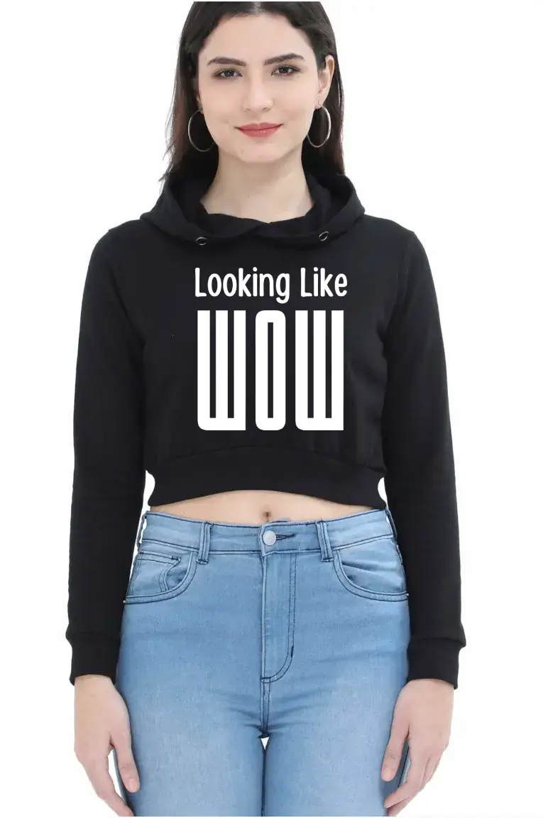 Looking Like Wow Puff Printed Women Black Crop Hoodie