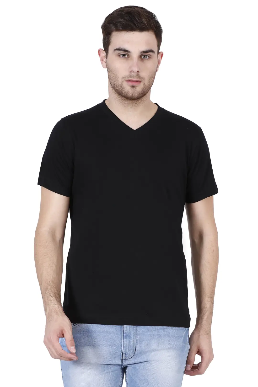 Men Plain V Neck Cotton T-Shirt Black