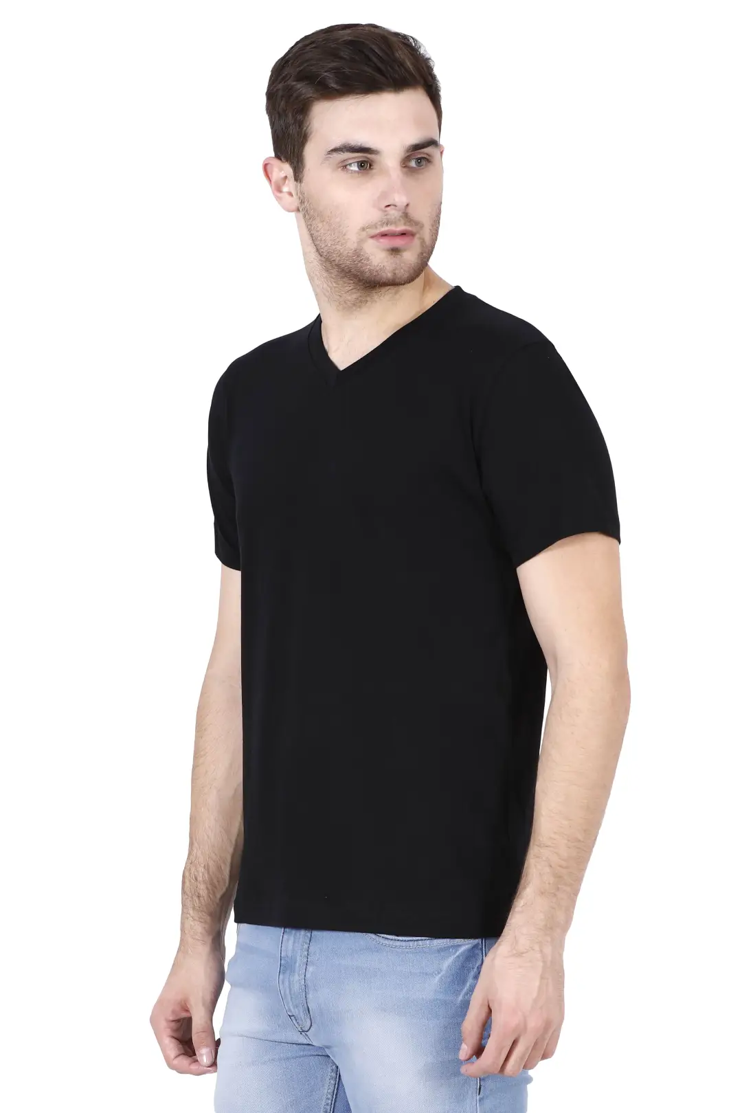 Men Plain V Neck Cotton T-Shirt Black - Image 2