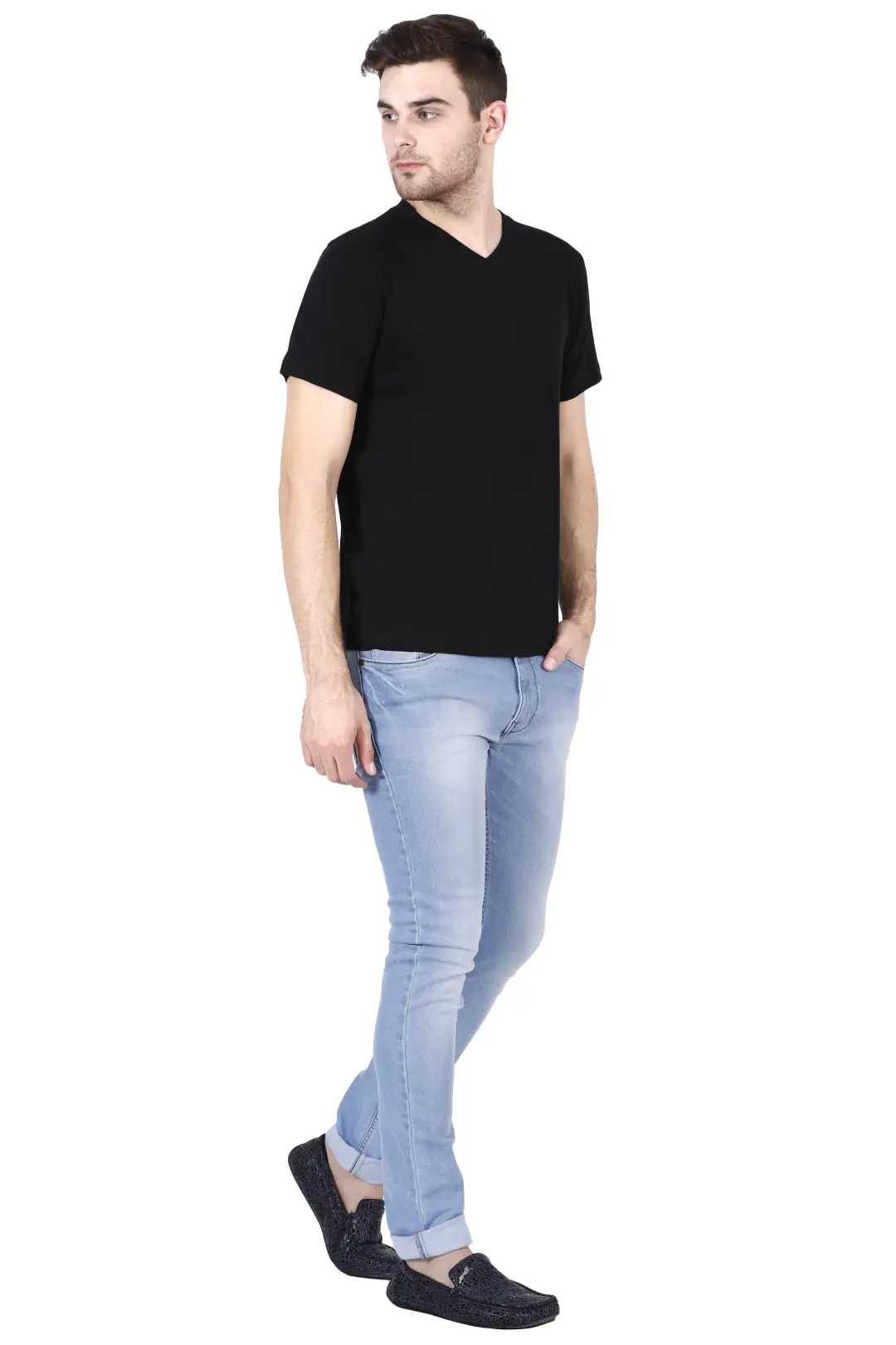 Men Plain V Neck Cotton T-Shirt Black - Image 4