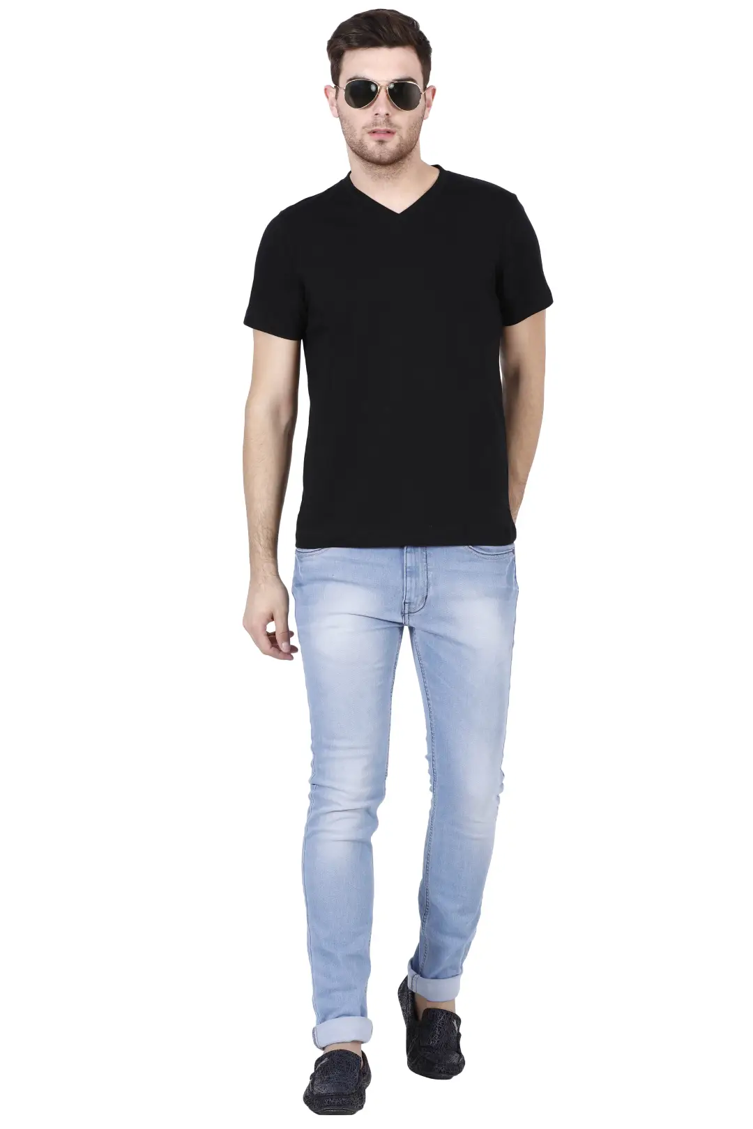 Men Plain V Neck Cotton T-Shirt Black - Image 5
