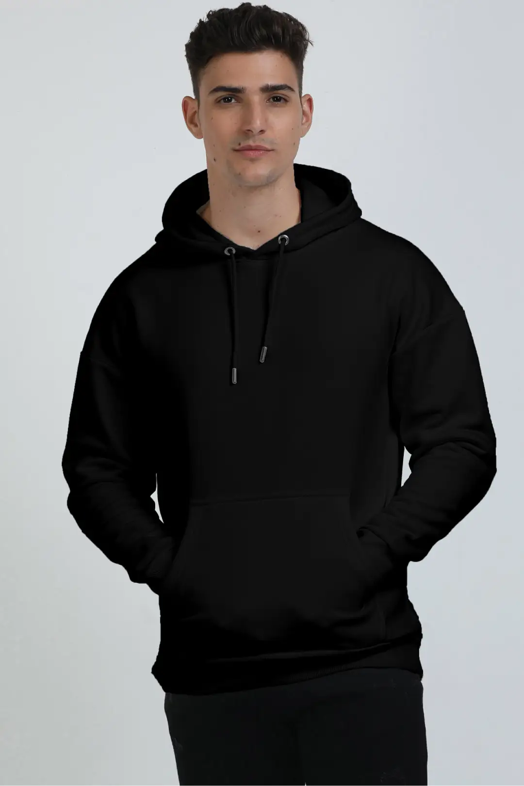 Black Cotton Blend Pullover Style Oversized Hooded Sweatshirt