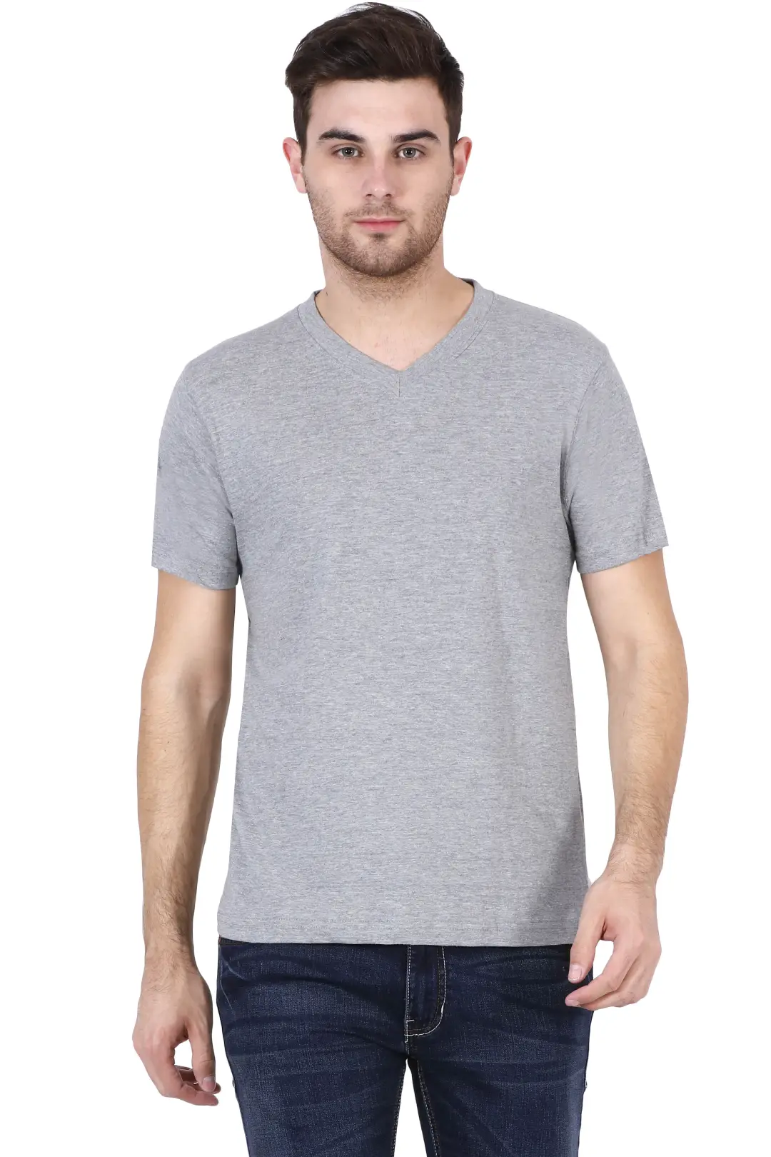 Men's Plain V Neck Cotton T-Shirt Grey