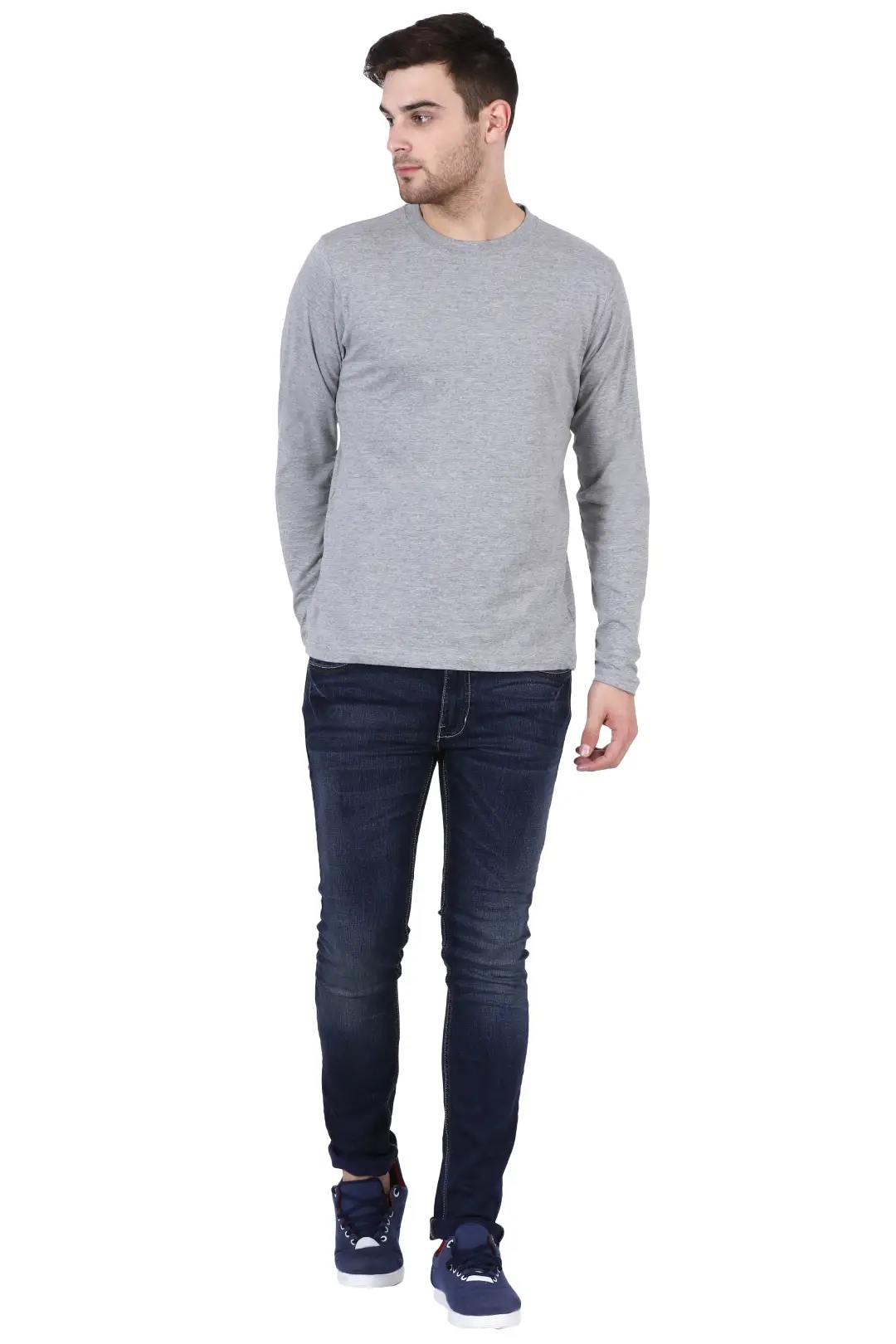 Men Combed Cotton Full Sleeve Grey Melange T-shirt - Image 2