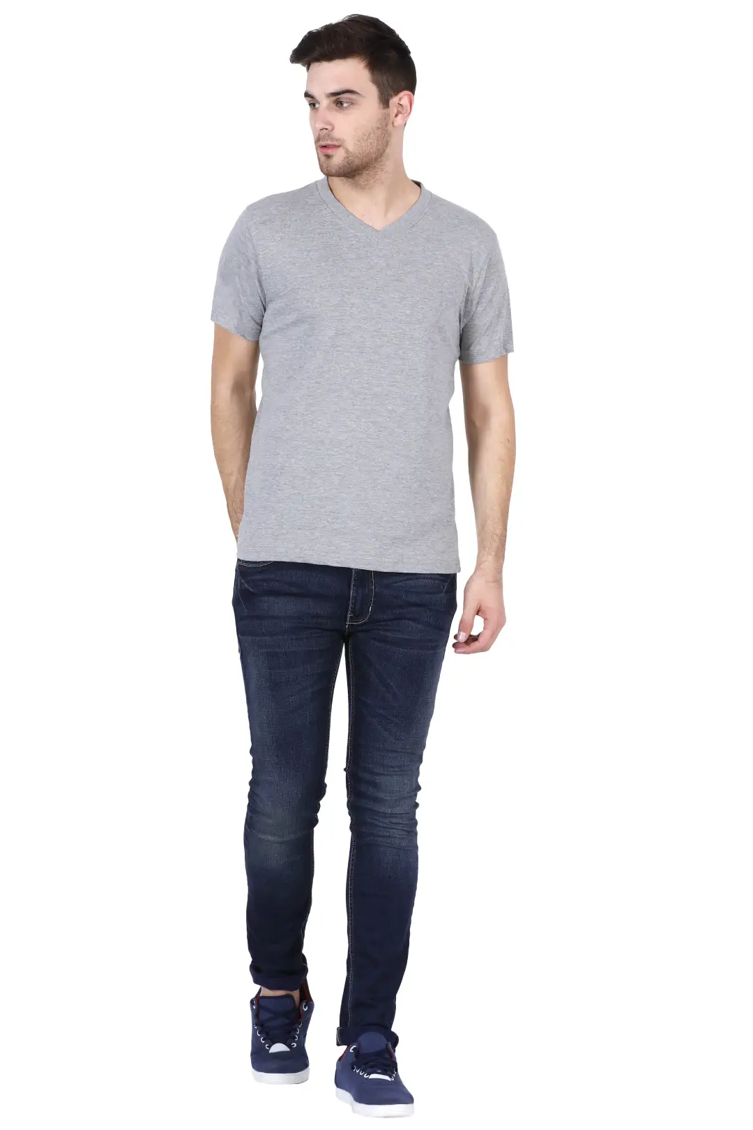 Men's Plain V Neck Cotton T-Shirt Grey - Image 7
