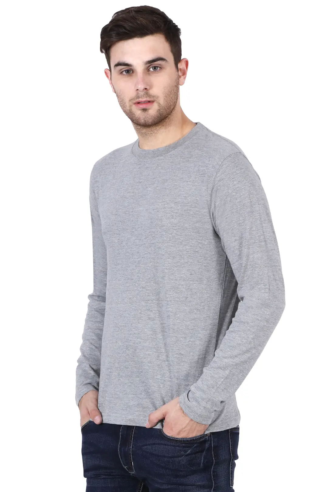Men Combed Cotton Full Sleeve Grey Melange T-shirt - Image 6
