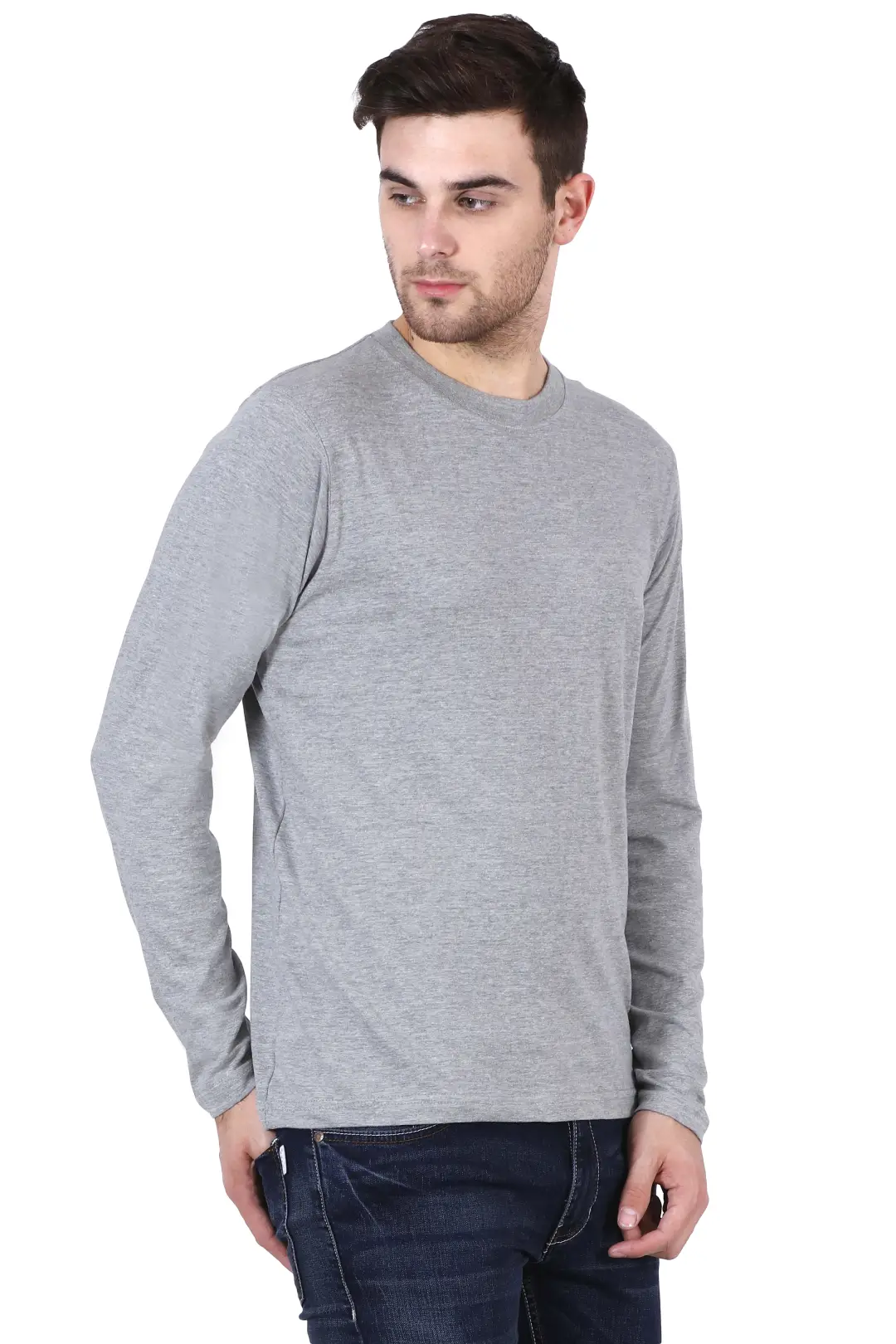 Men Combed Cotton Full Sleeve Grey Melange T-shirt - Image 3