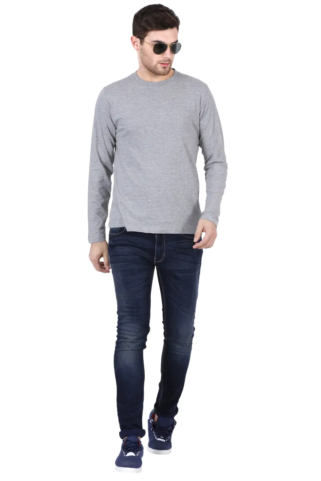 Men Combed Cotton Full Sleeve Grey Melange T-shirt - Image 4
