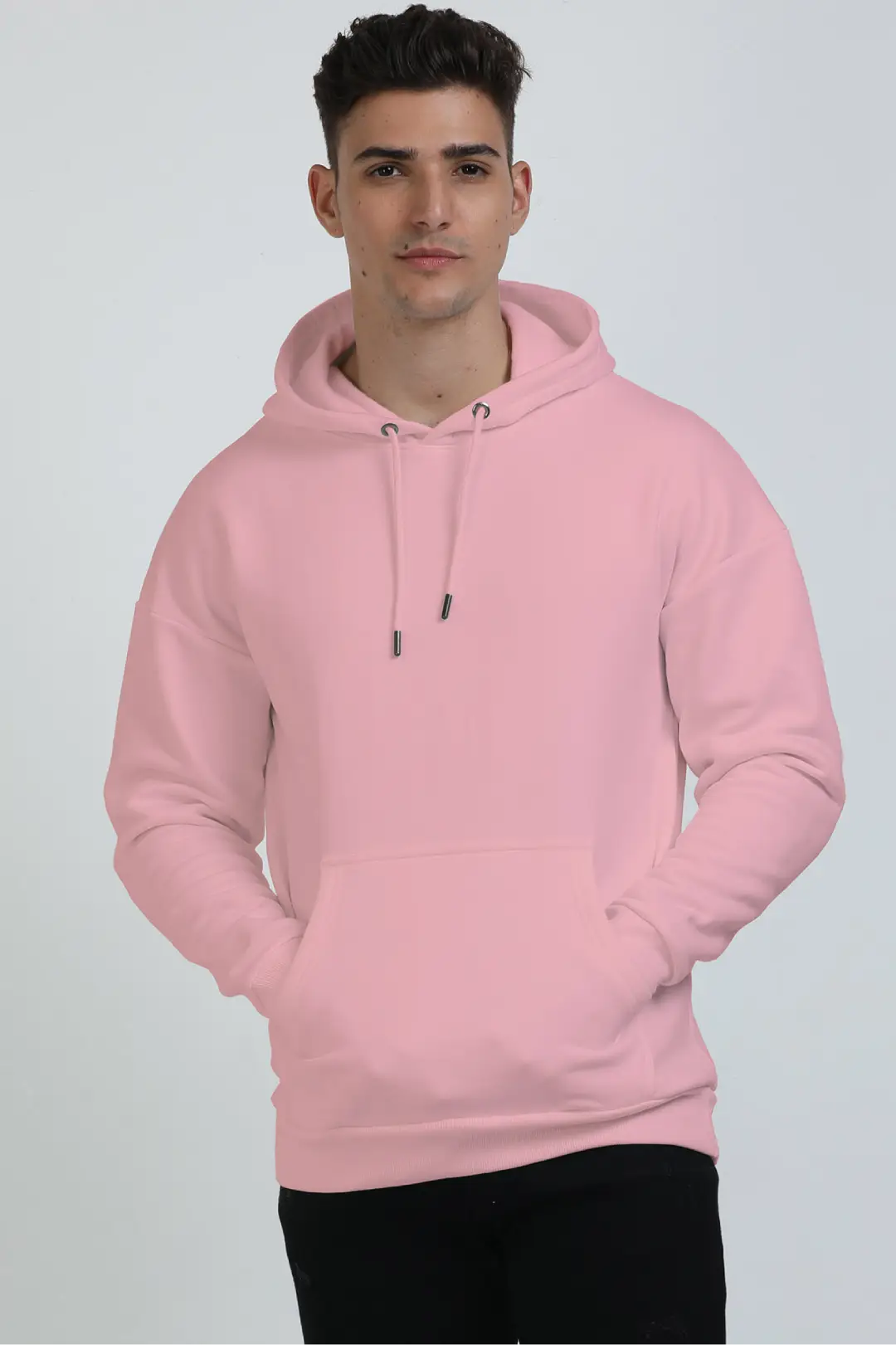 Light Baby Pink Cotton Blend Pullover Style Oversized Hooded Sweatshirt