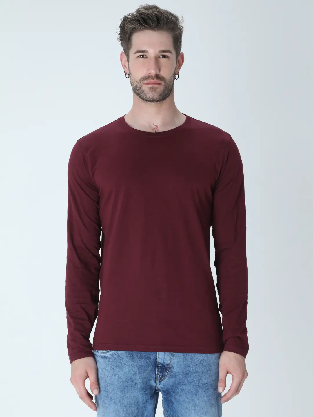 Men Combed Cotton Full Sleeve Maroon T-shirt