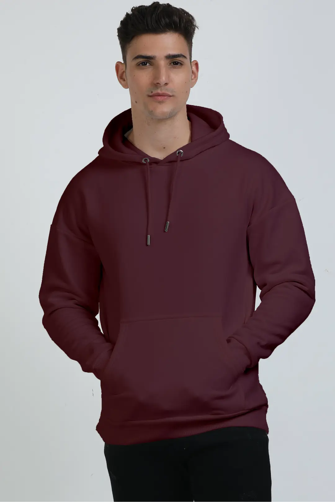 Maroon Cotton Blend Pullover Style Oversized Hooded Sweatshirt