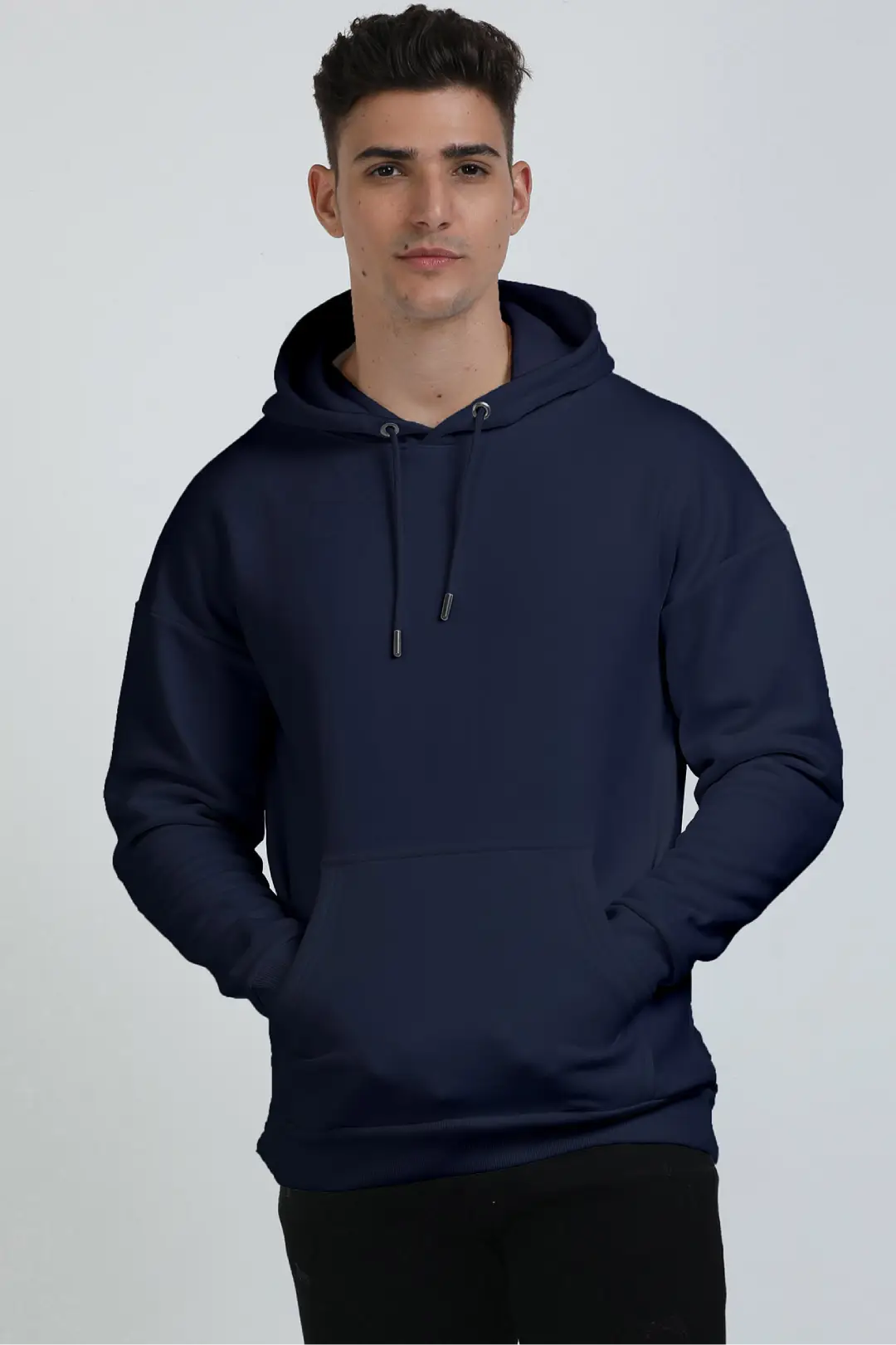 Navy Blue Cotton Blend Pullover Style Oversized Hooded Sweatshirt