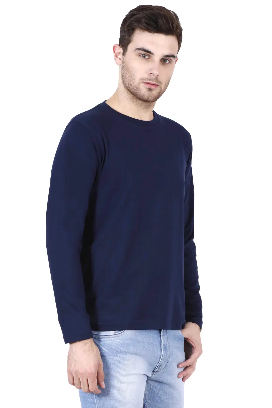 Men Combed Cotton Full Sleeve Navy Blue T-shirt - Image 2