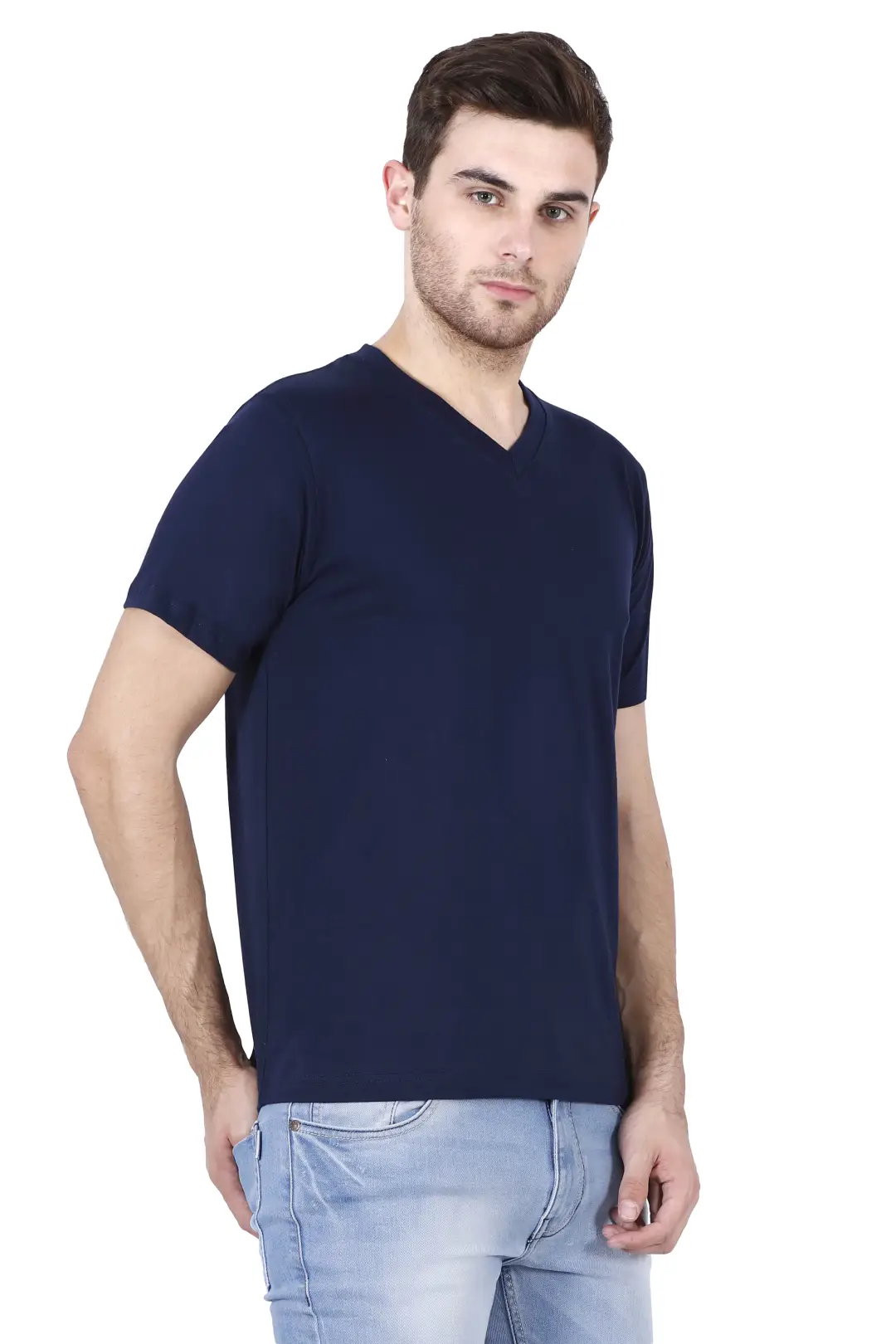 Men's Plain V Neck Cotton T-Shirt Navy Blue - Image 2