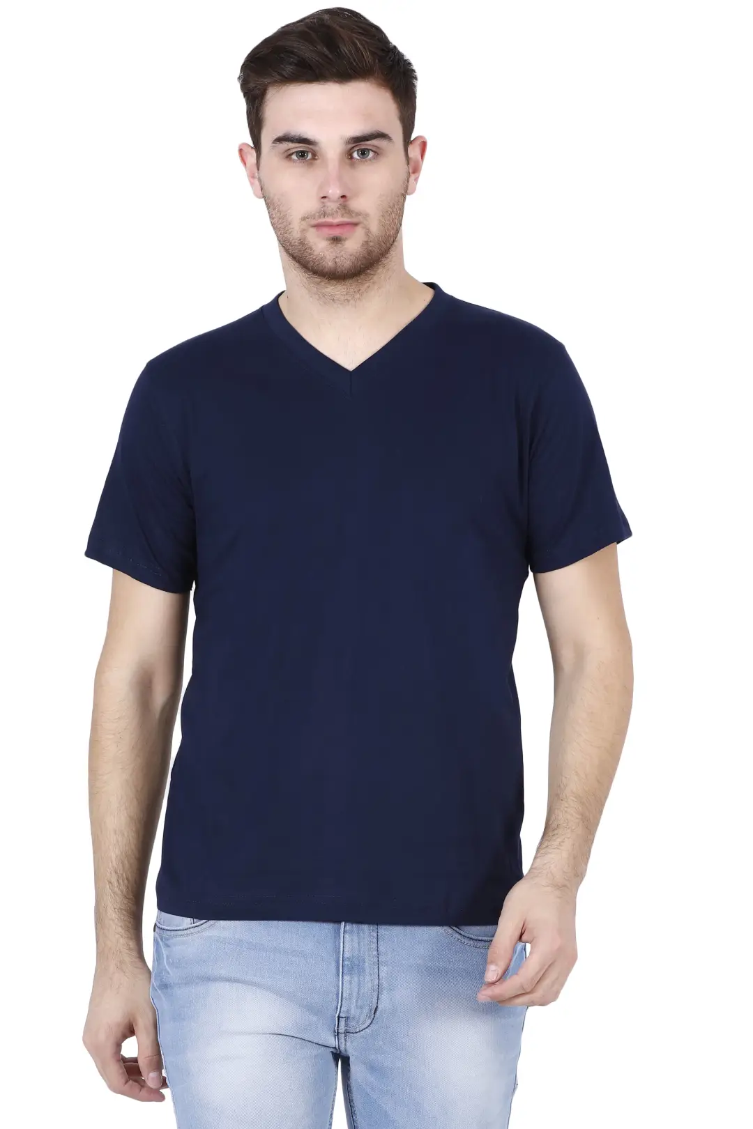 Men's Plain V Neck Cotton T-Shirt Navy Blue
