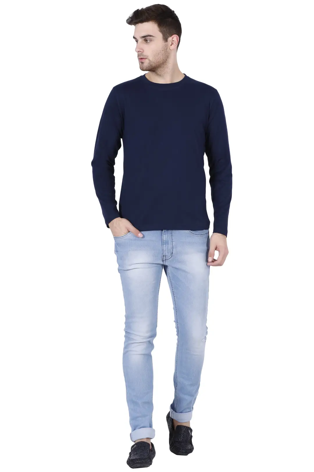 Men Combed Cotton Full Sleeve Navy Blue T-shirt - Image 3