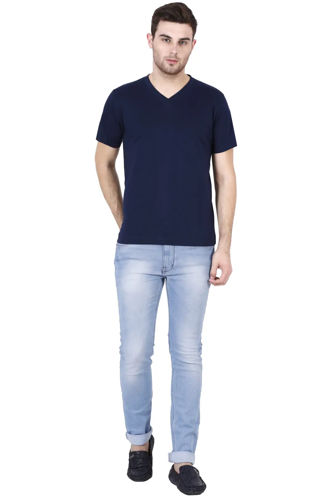Men's Plain V Neck Cotton T-Shirt Navy Blue - Image 4