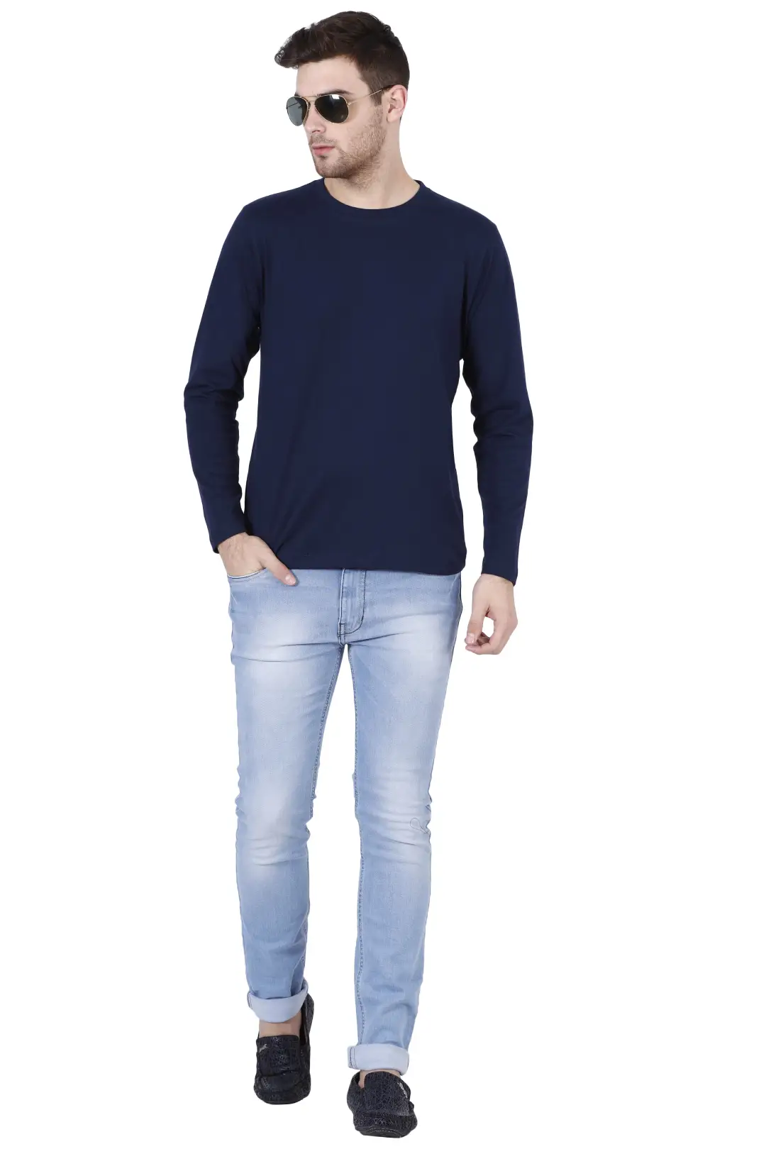Men Combed Cotton Full Sleeve Navy Blue T-shirt - Image 4