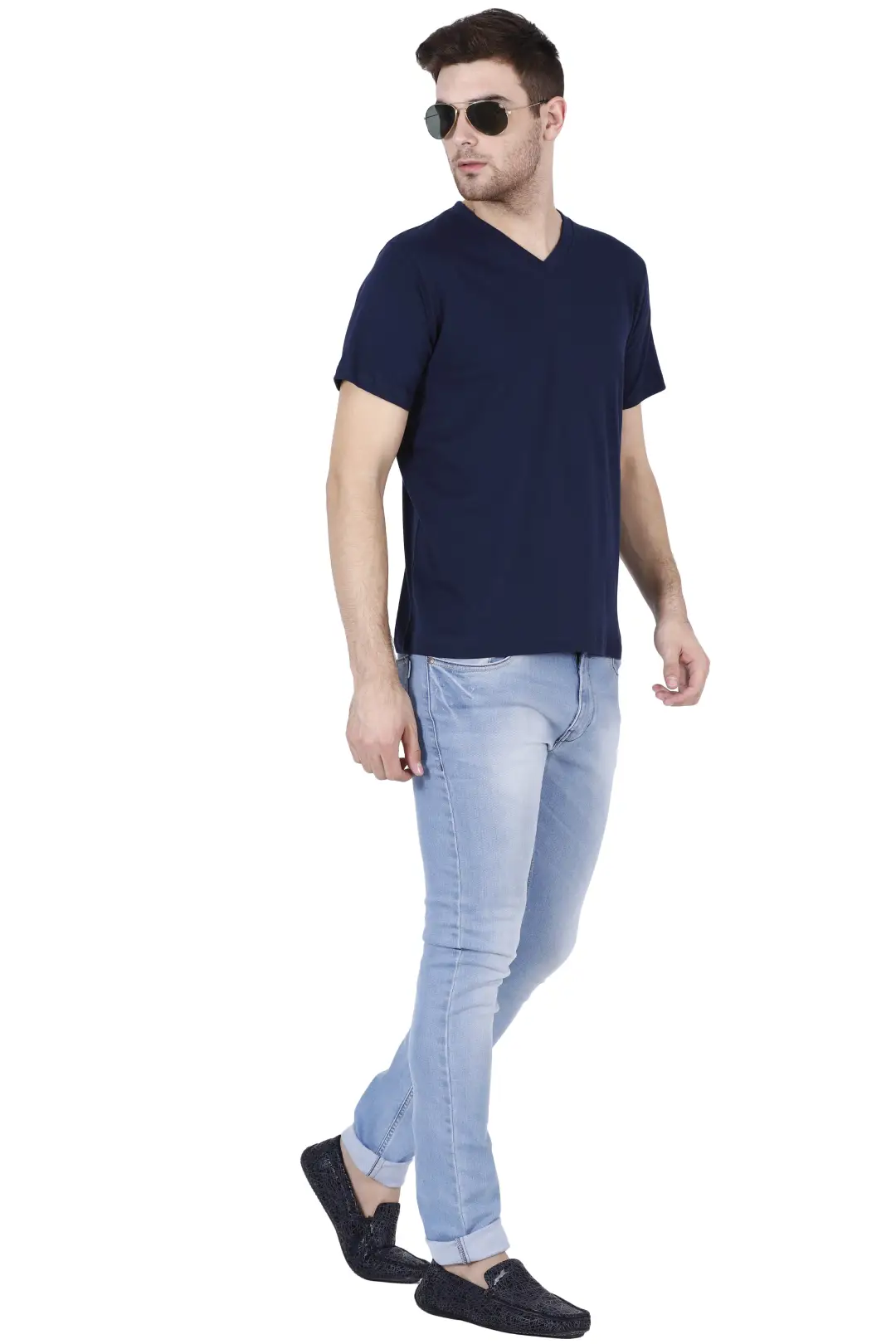 Men's Plain V Neck Cotton T-Shirt Navy Blue - Image 5