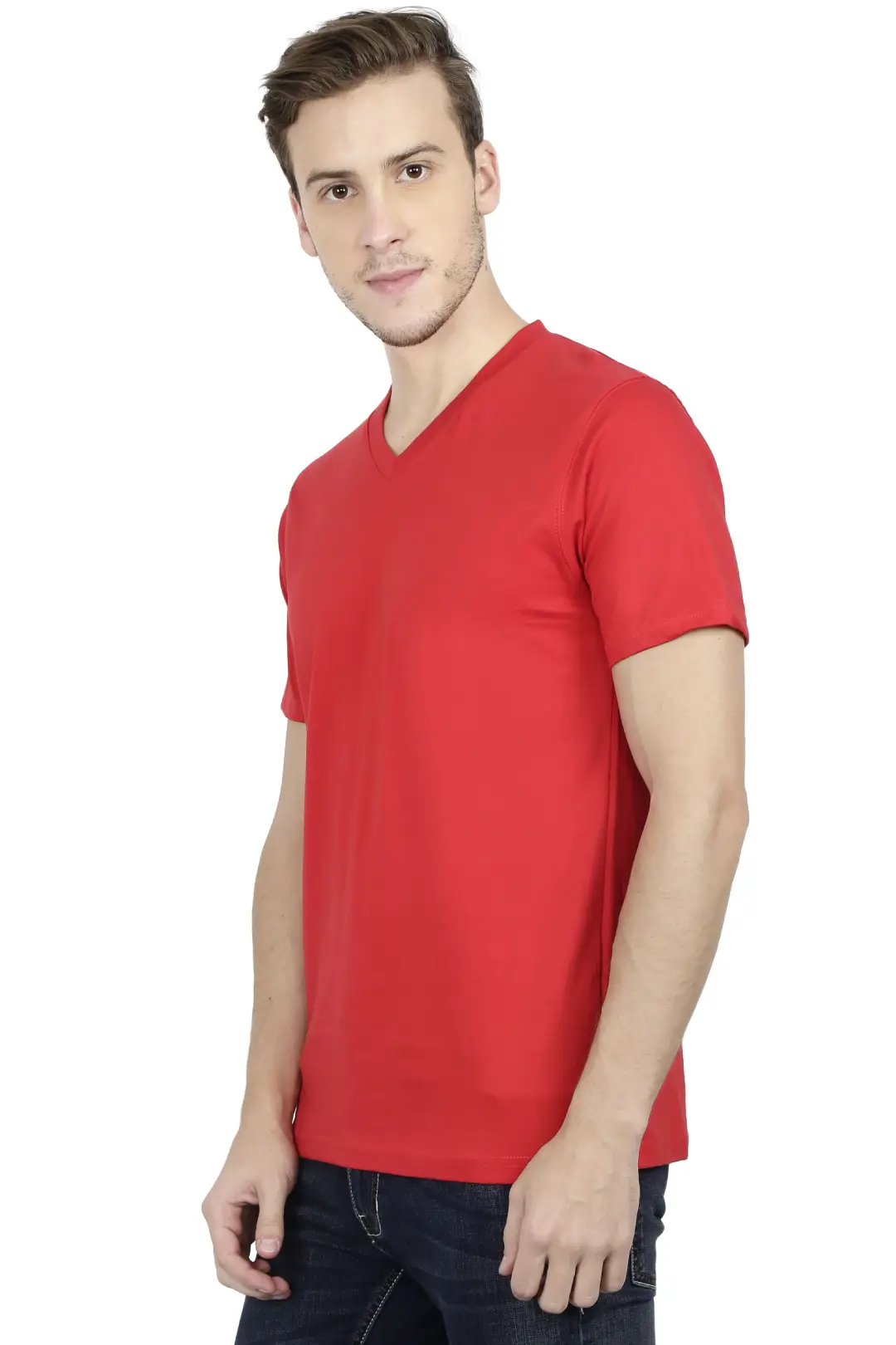 Men's Plain V Neck Cotton T-Shirt Red - Image 2