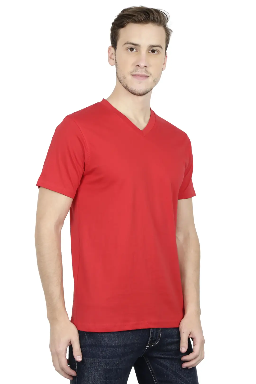 Men's Plain V Neck Cotton T-Shirt Red - Image 3