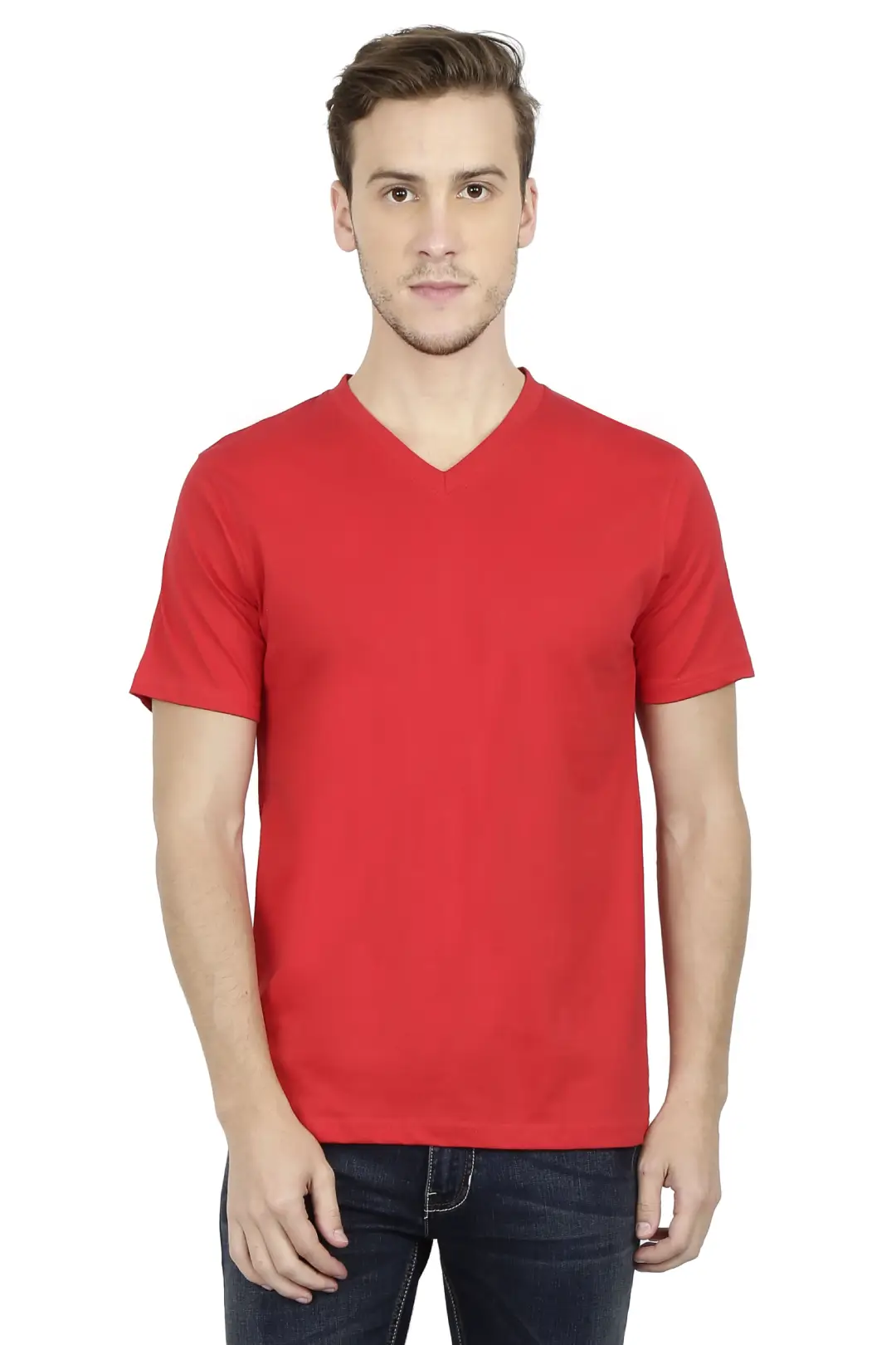 Men's Plain V Neck Cotton T-Shirt Red