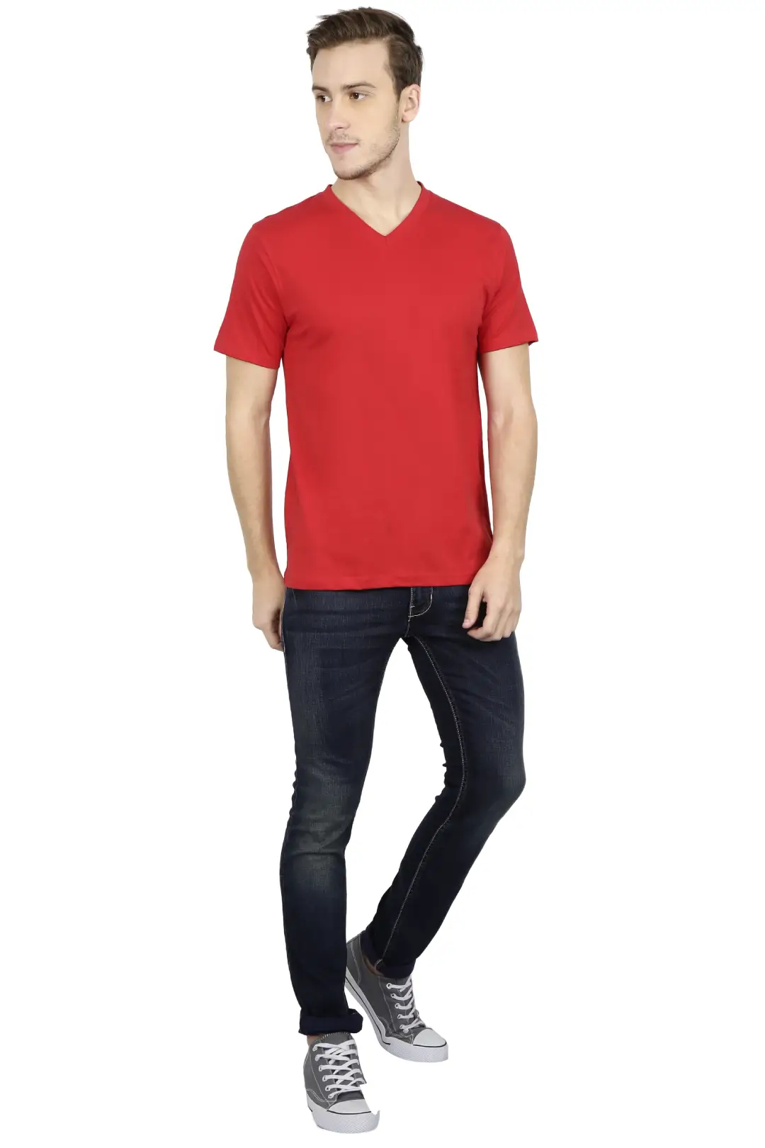 Men's Plain V Neck Cotton T-Shirt Red - Image 5