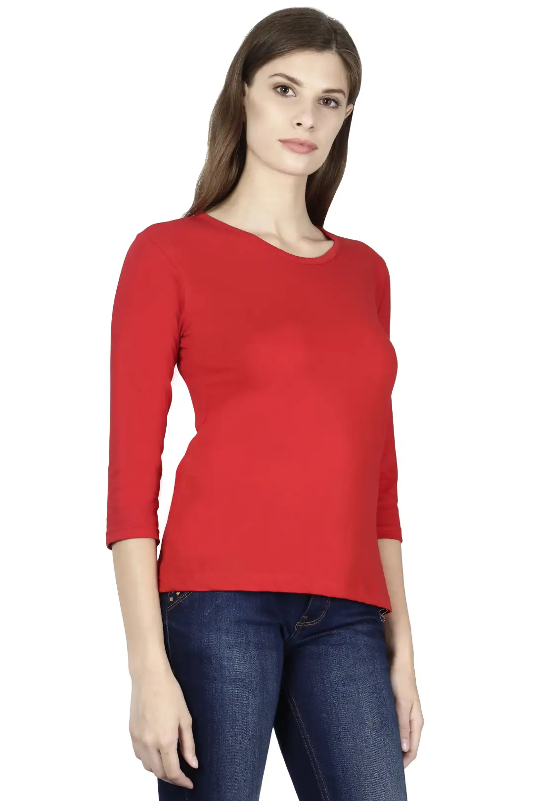 Women's 3/4 Sleeves Plain Cotton T-Shirt Red - Image 4