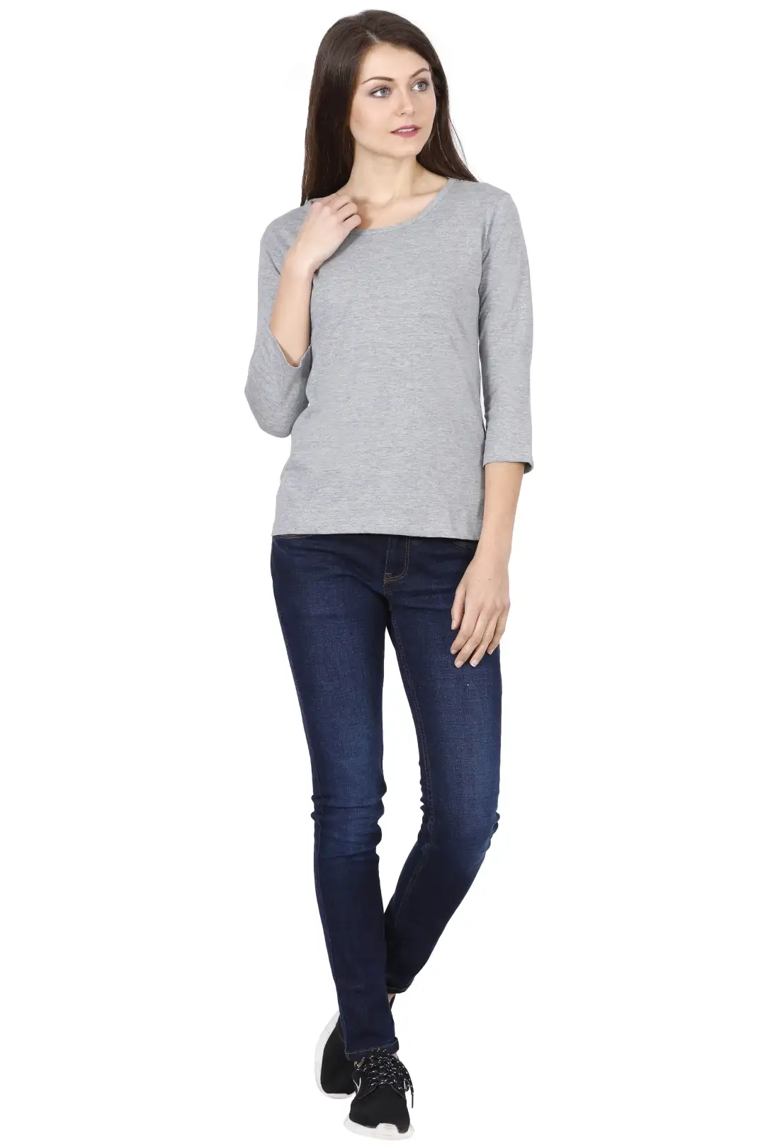 Women's 3/4 Sleeves Plain Cotton T-Shirt Grey - Image 7