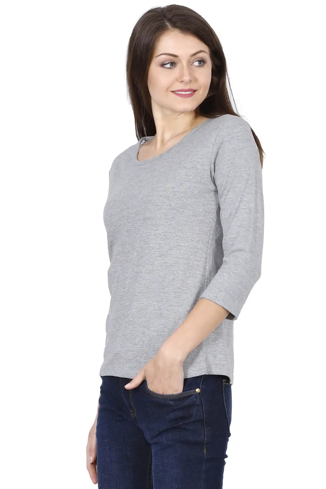 Women's 3/4 Sleeves Plain Cotton T-Shirt Grey - Image 4