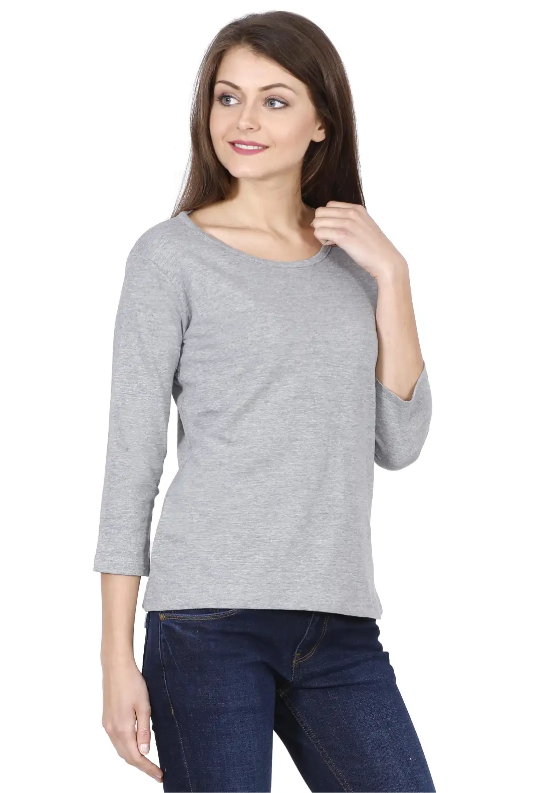 Women's 3/4 Sleeves Plain Cotton T-Shirt Grey - Image 2