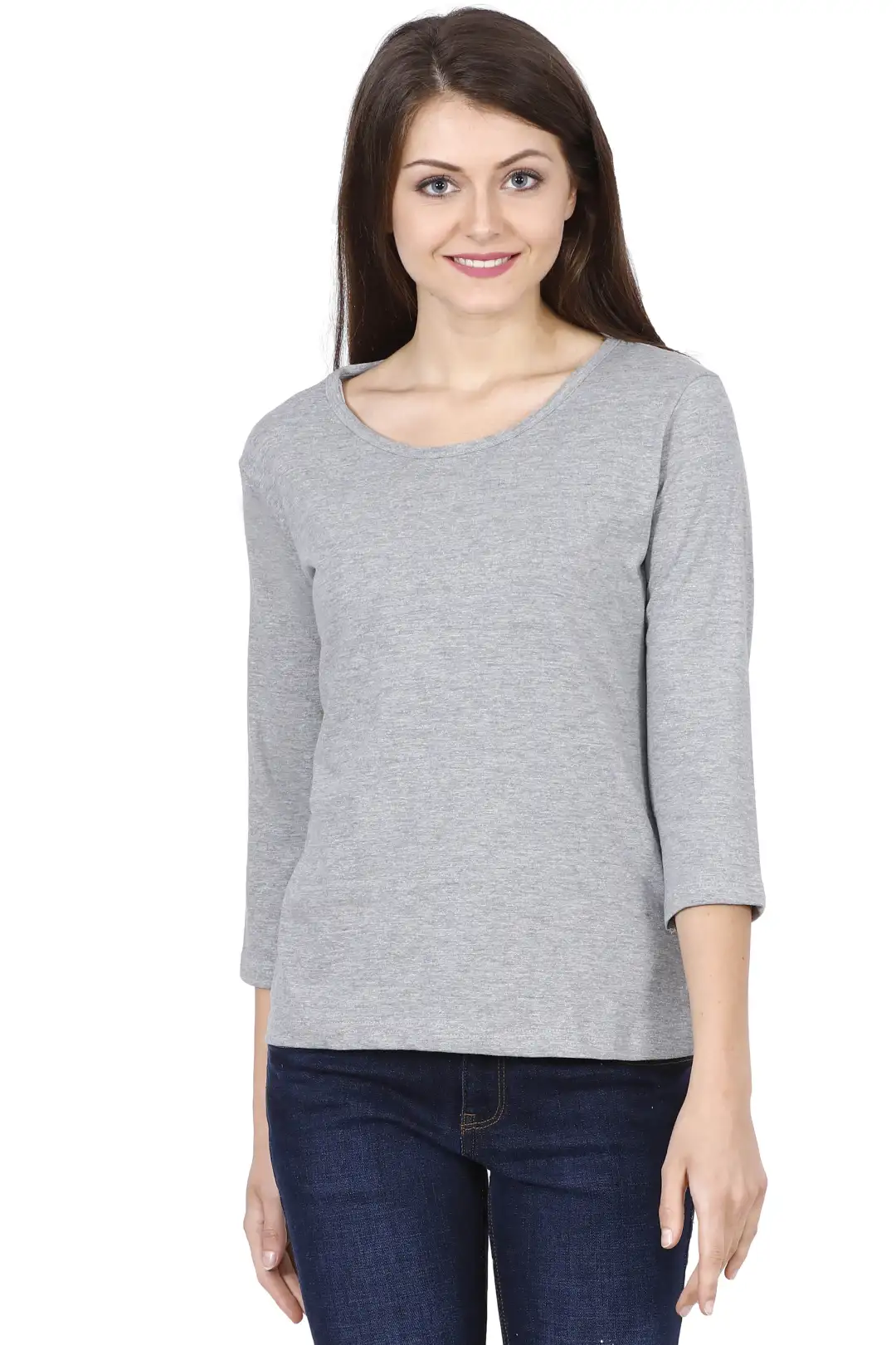 Women's 3/4 Sleeves Plain Cotton T-Shirt Grey