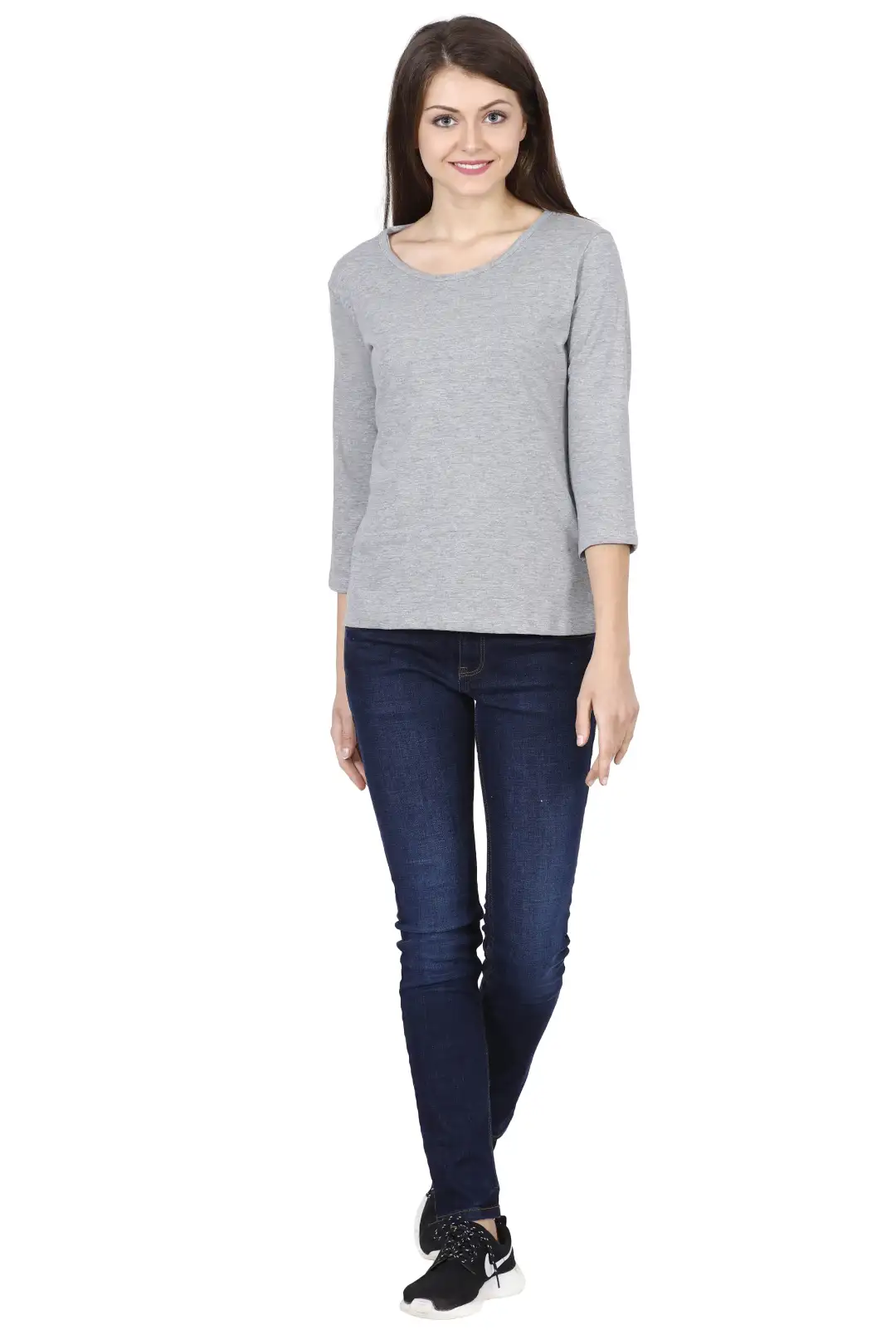 Women's 3/4 Sleeves Plain Cotton T-Shirt Grey - Image 6