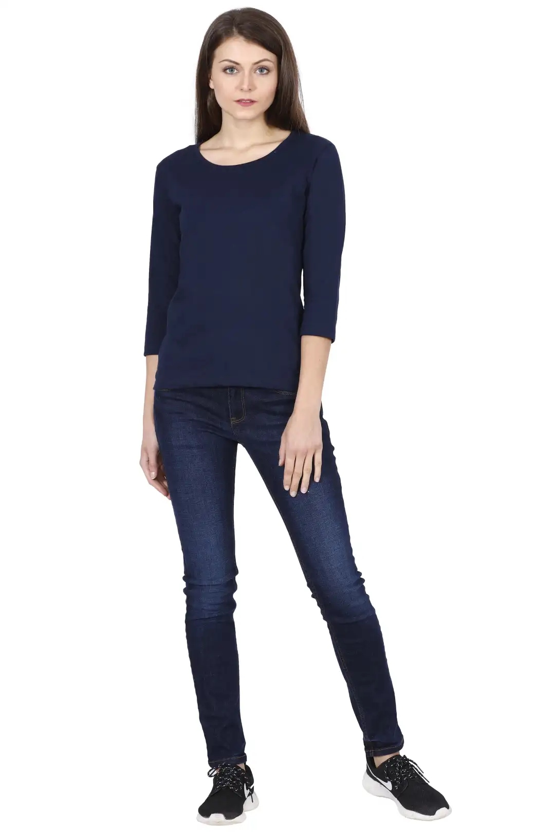 Women’s 3/4 Sleeves Plain Cotton T-Shirt Navy Blue - Image 7