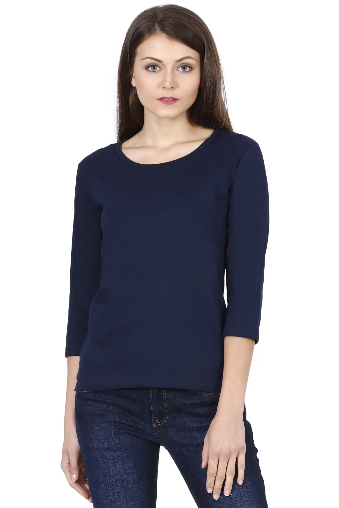 Women’s 3/4 Sleeves Plain Cotton T-Shirt Navy Blue - Image 2