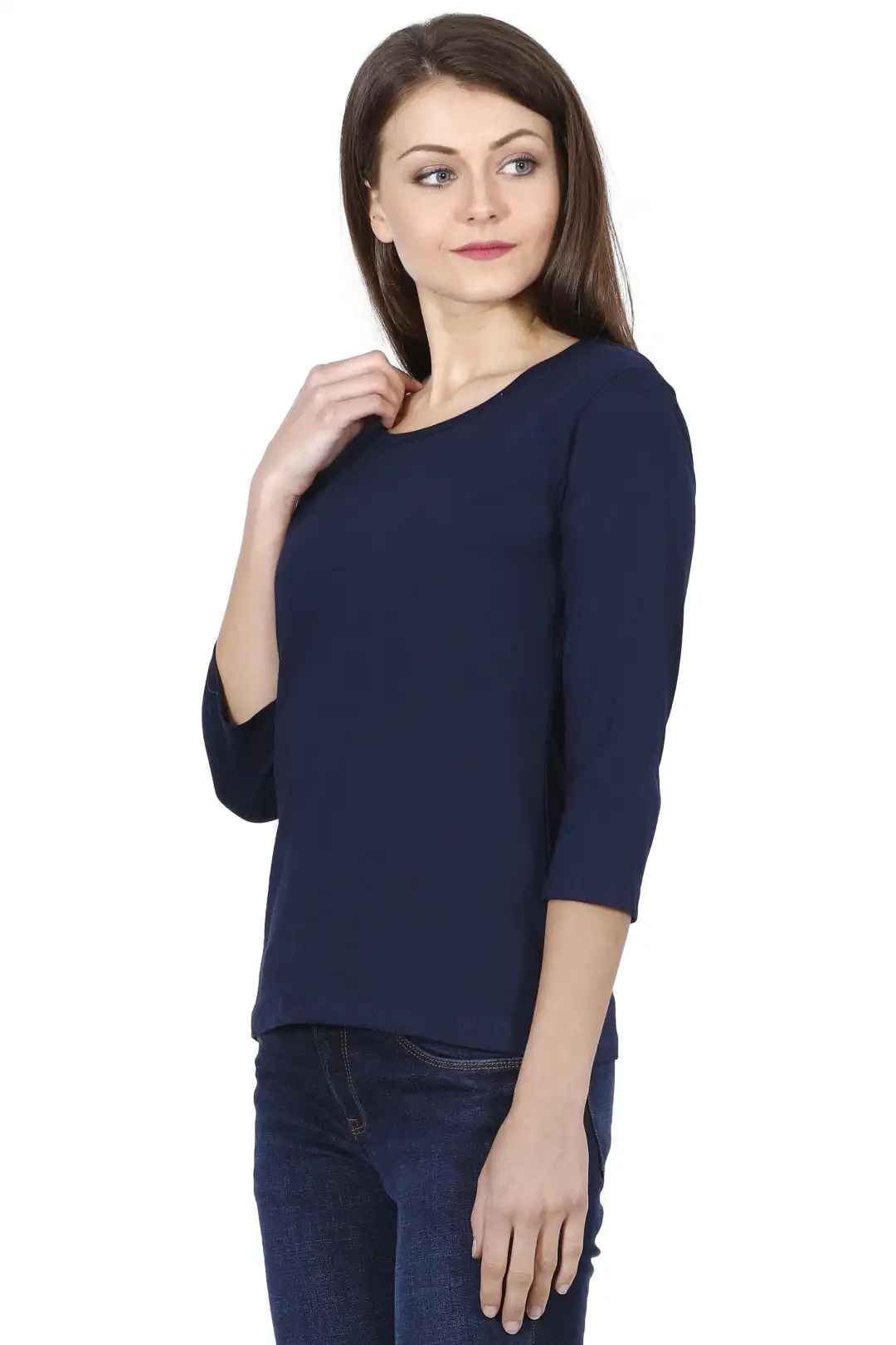 Women’s 3/4 Sleeves Plain Cotton T-Shirt Navy Blue - Image 5