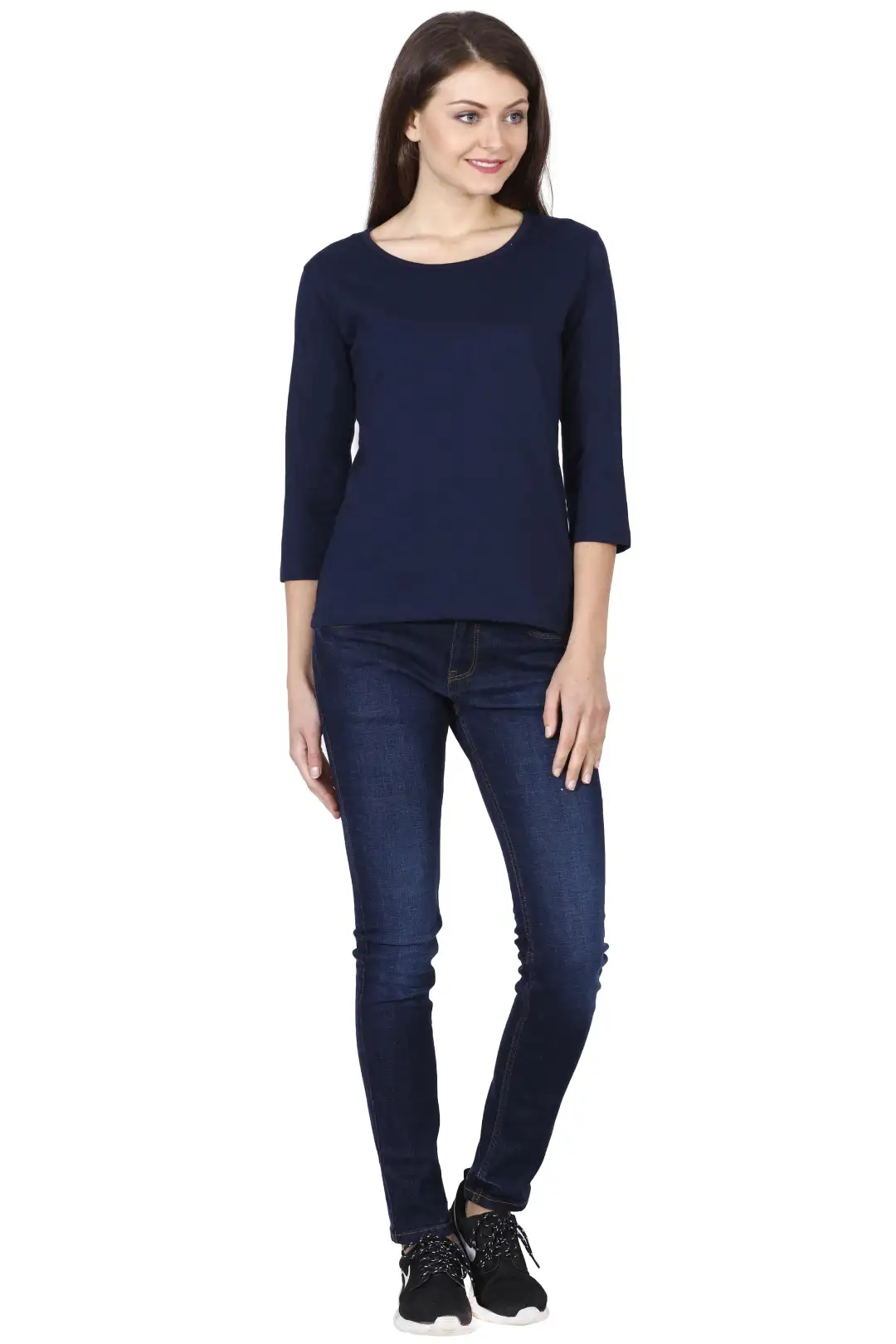 Women’s 3/4 Sleeves Plain Cotton T-Shirt Navy Blue - Image 6