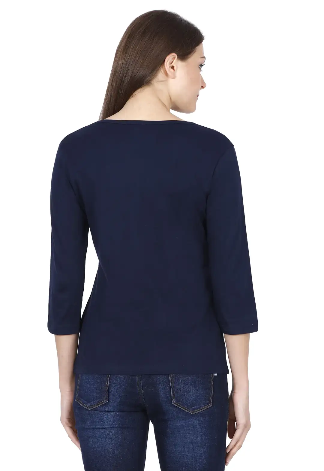 Women’s 3/4 Sleeves Plain Cotton T-Shirt Navy Blue - Image 3