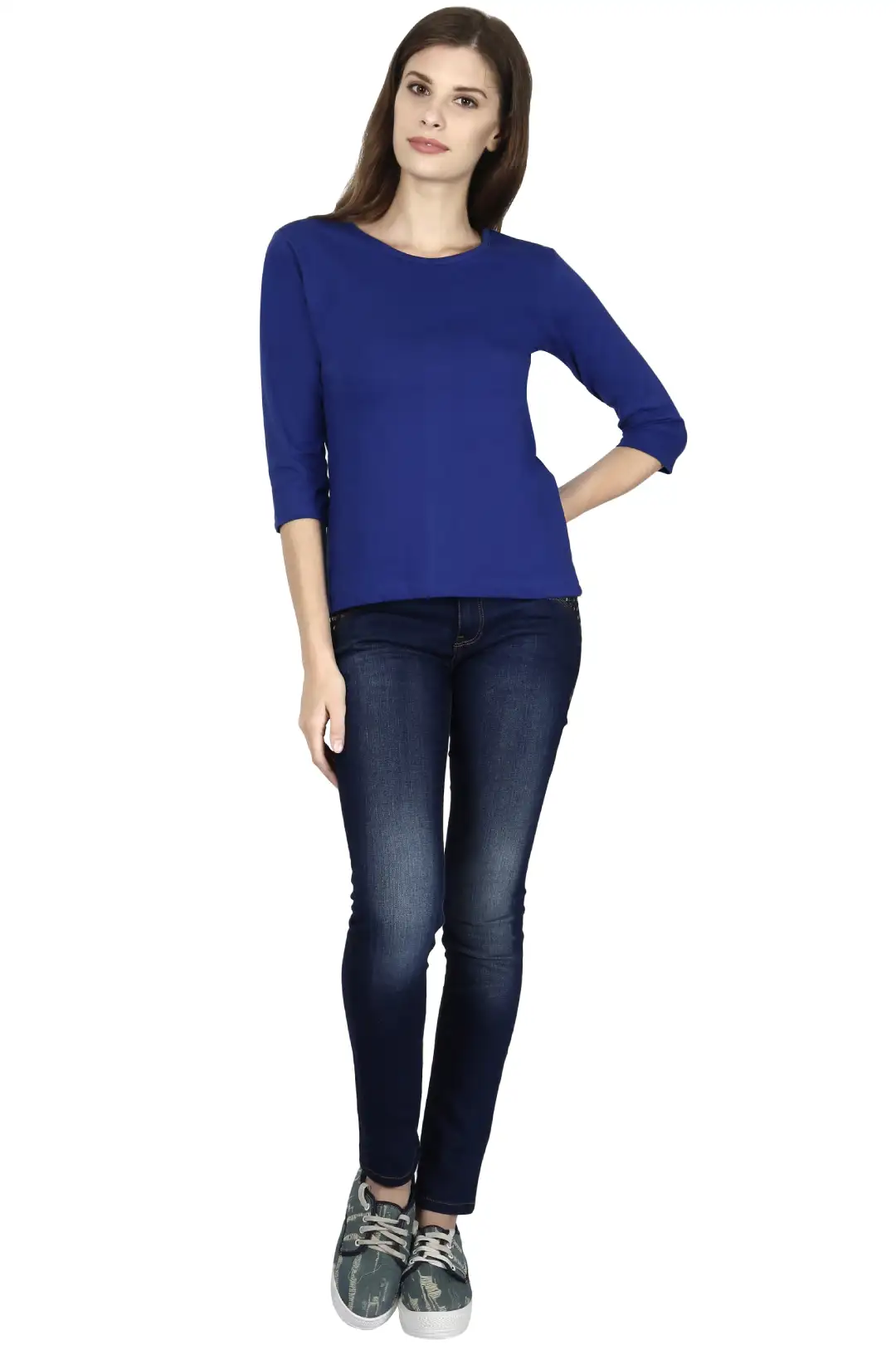 Women's 3/4 Sleeves Plain Cotton T-Shirt Royal Blue - Image 6