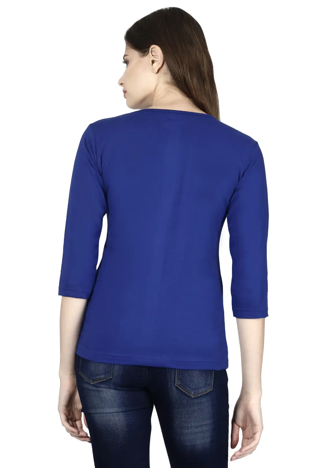 Women's 3/4 Sleeves Plain Cotton T-Shirt Royal Blue - Image 3