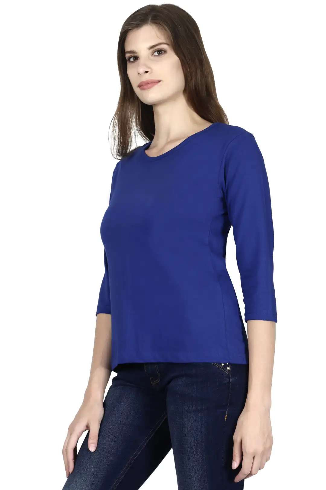 Women's 3/4 Sleeves Plain Cotton T-Shirt Royal Blue - Image 2
