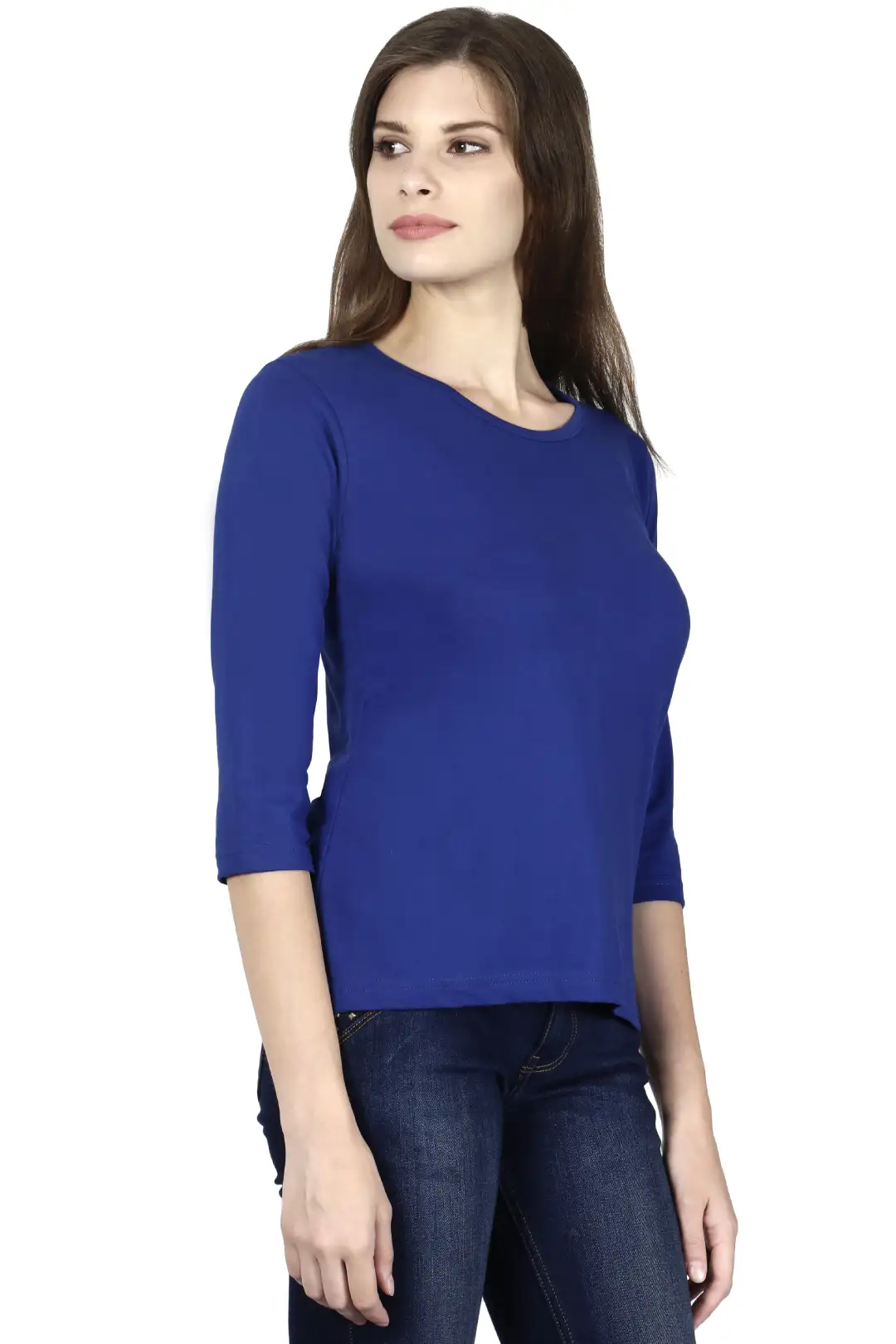 Women's 3/4 Sleeves Plain Cotton T-Shirt Royal Blue - Image 4